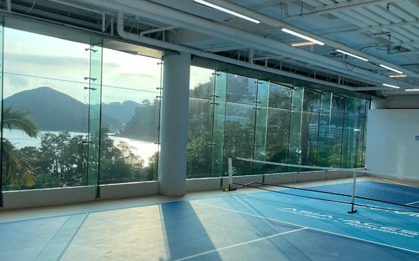 Glass wall facing Repulse Bay and the south-side hills