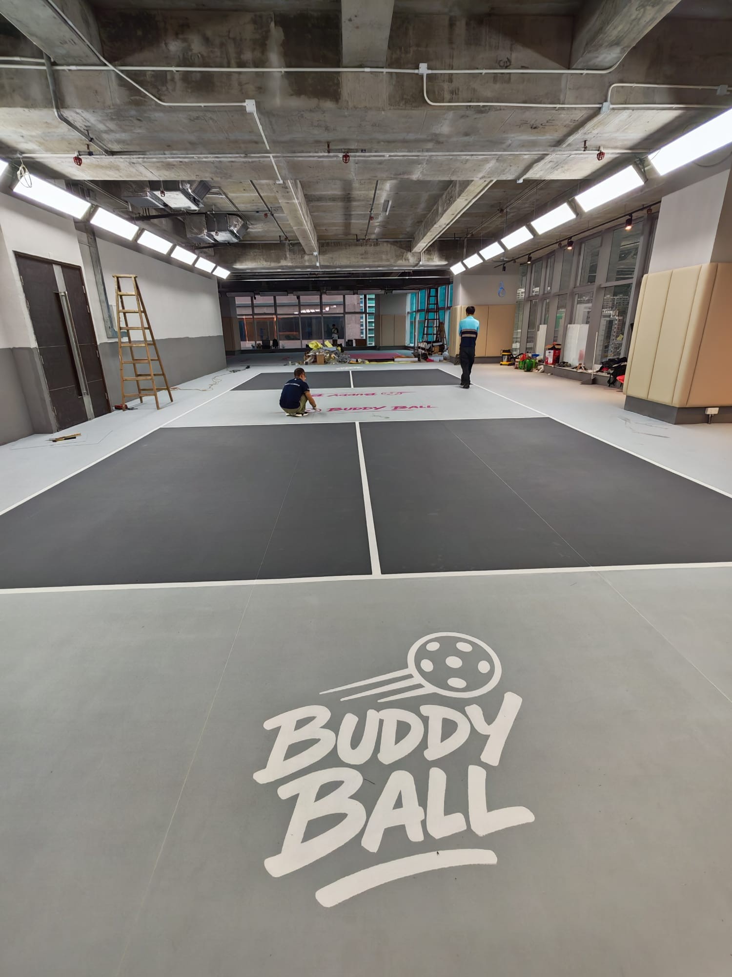 Grey court one with the Buddy Ball floor mark