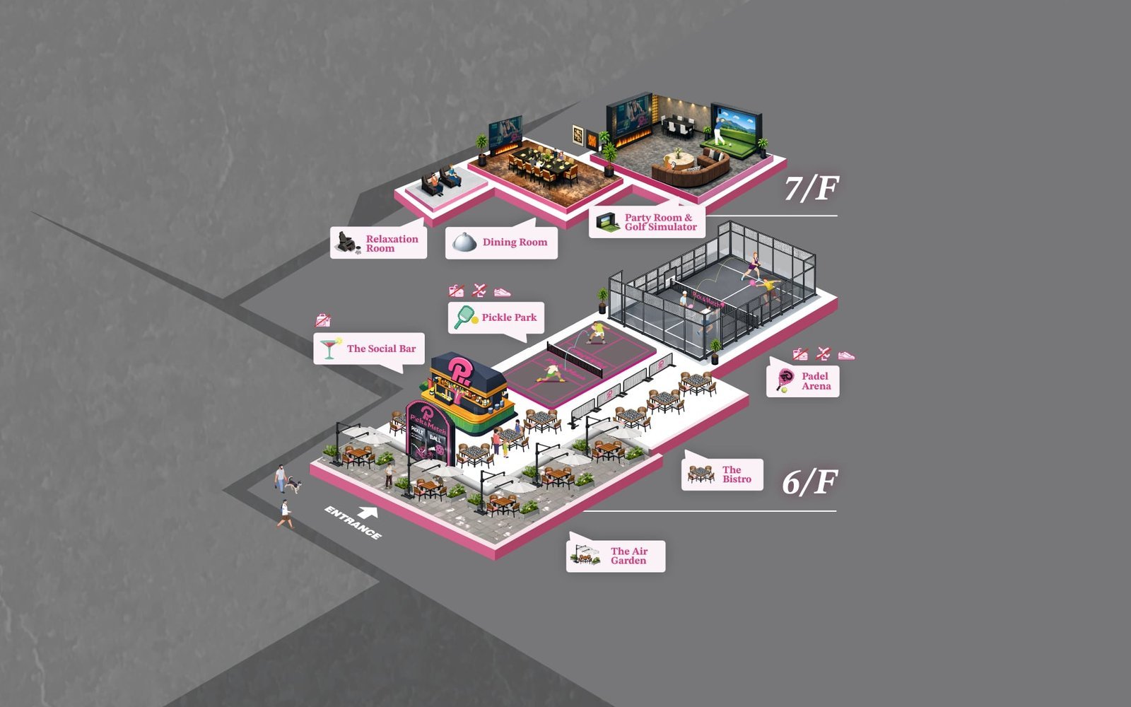 The venue's floor map: court, padel arena, bistro and terrace on 6/F, private rooms on 7/F