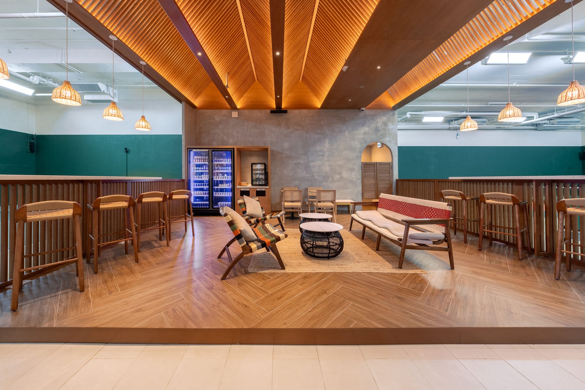 The Unwind Lounge — drinks, seating, and the social hub