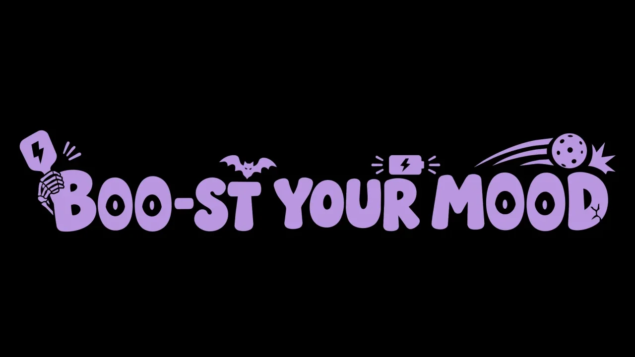 Boo-st Your Mood official purple Halloween artwork with a pickleball paddle and ball
