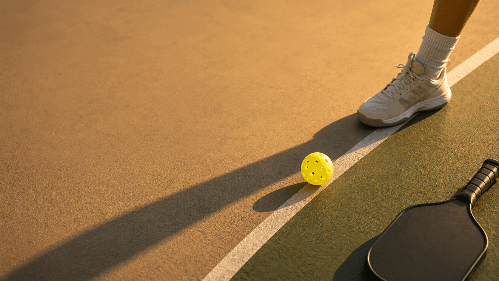 Close-up of a pickleball stopped just inside the kitchen line with a shoe-print partly in the non-volley zone, long late-afternoon shadow.