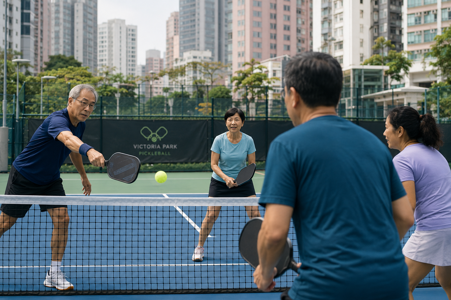Four older Asian adults playing recreational doubles pickleball at Victoria Park in Hong Kong.