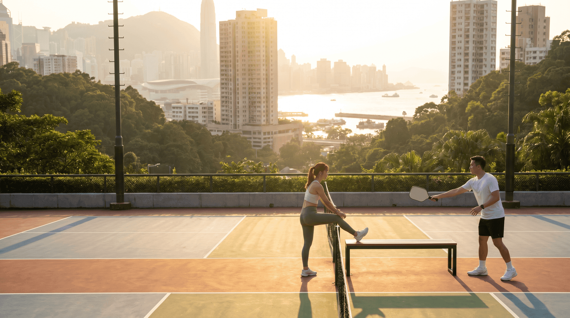 Pickleball court shoes laced and ready beside a paddle on a wood bench, steaming coffee mug in morning light.