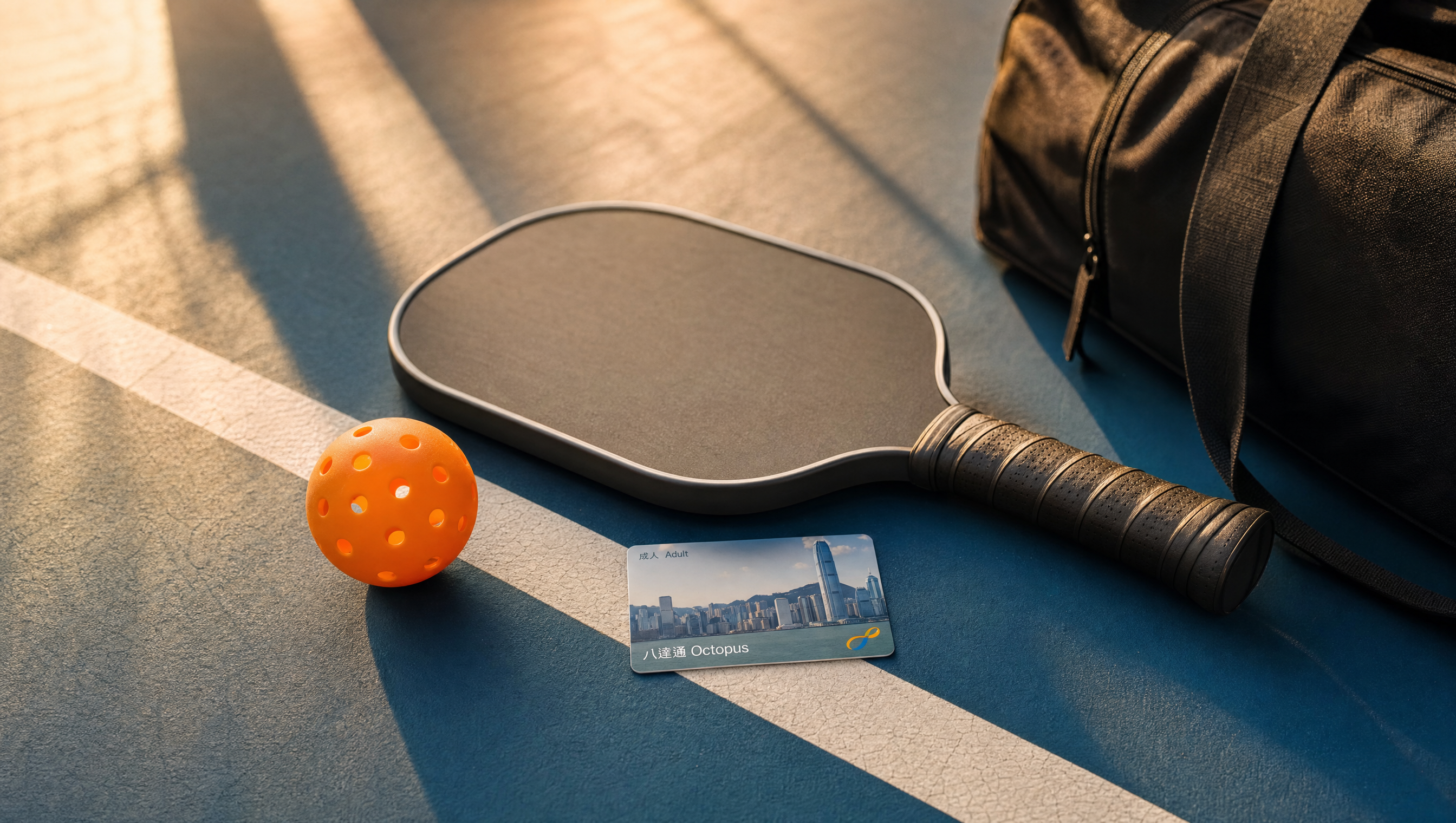 A paddle, an orange ball, and an MTR transit card laid on an indoor court line; a duffel bag at the edge of frame.
