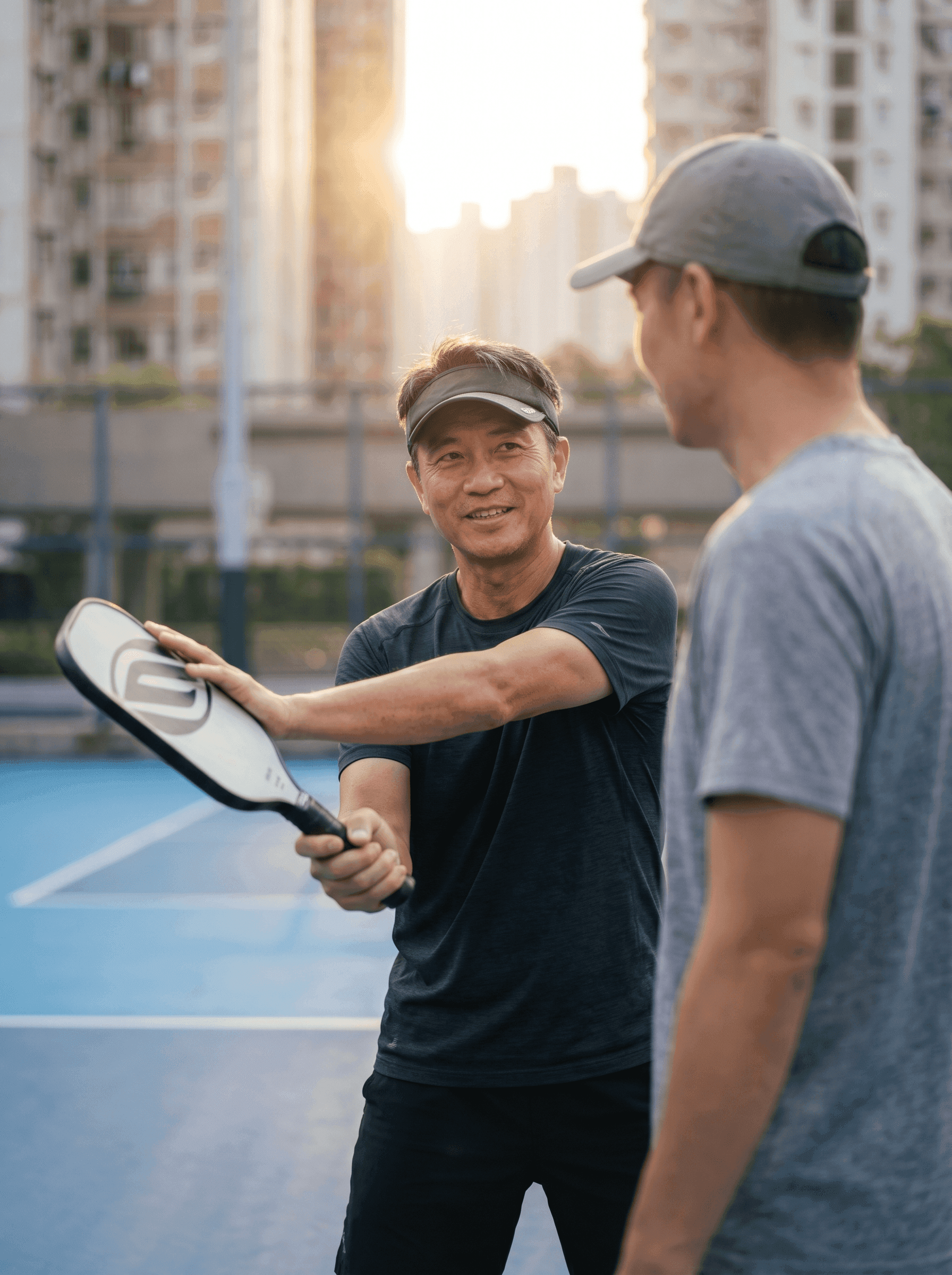 Coach demonstrating a forehand stance to a beginner on an outdoor pickleball court