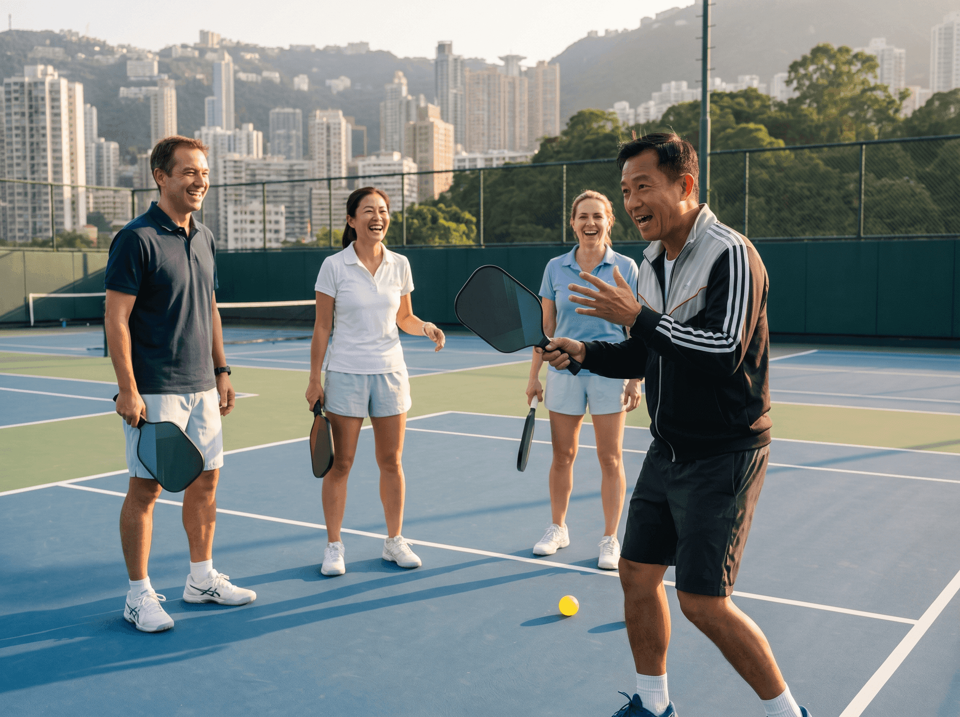 Adults in office athletic wear during a corporate pickleball intro
