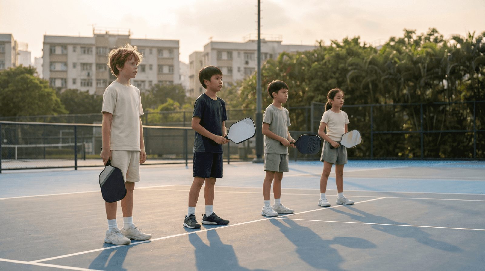 一班小朋友在香港匹克球場上排隊參加青少年訓練班
