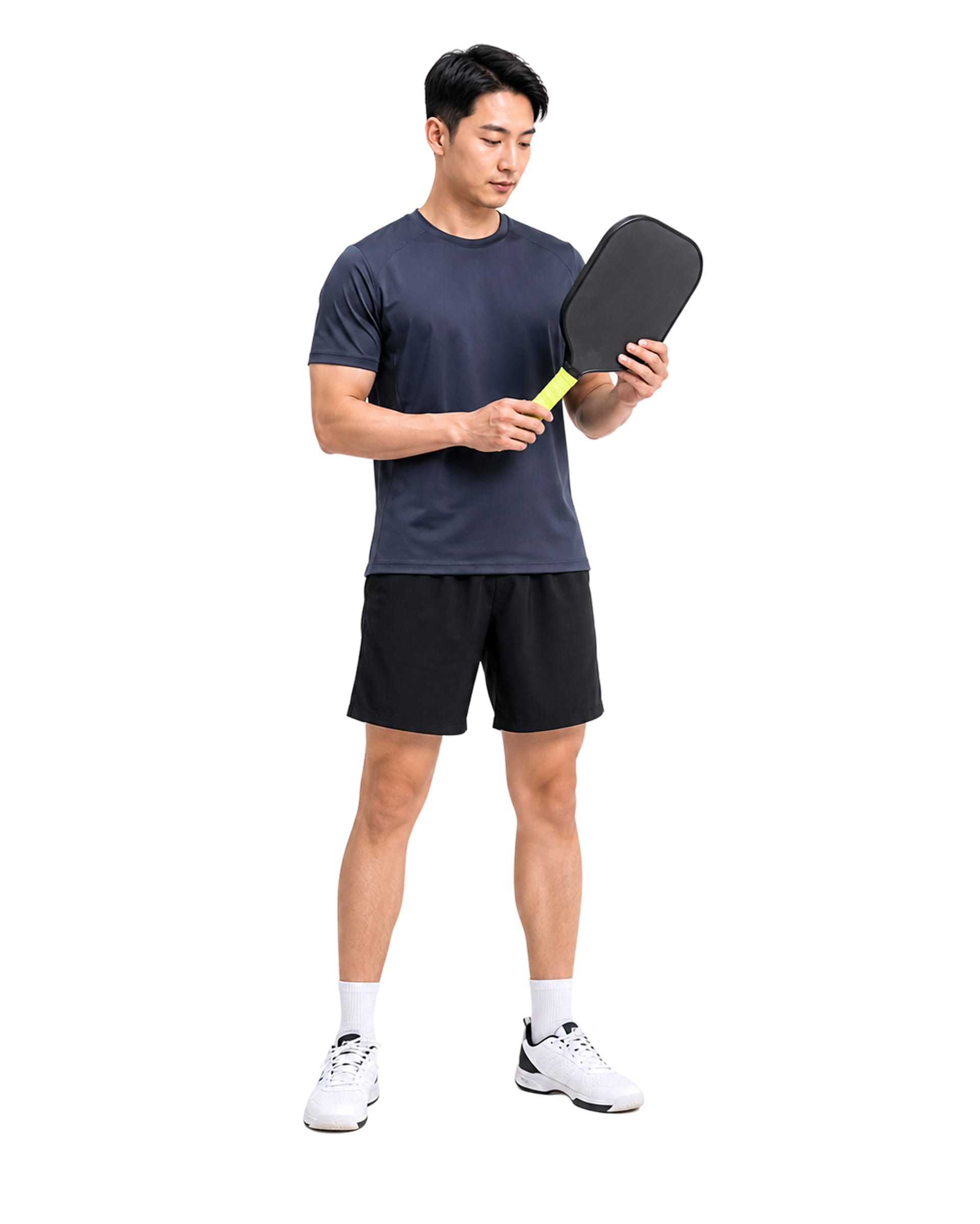 Beginner pickleball starter gear with a paddle, ball, shoes, and grip