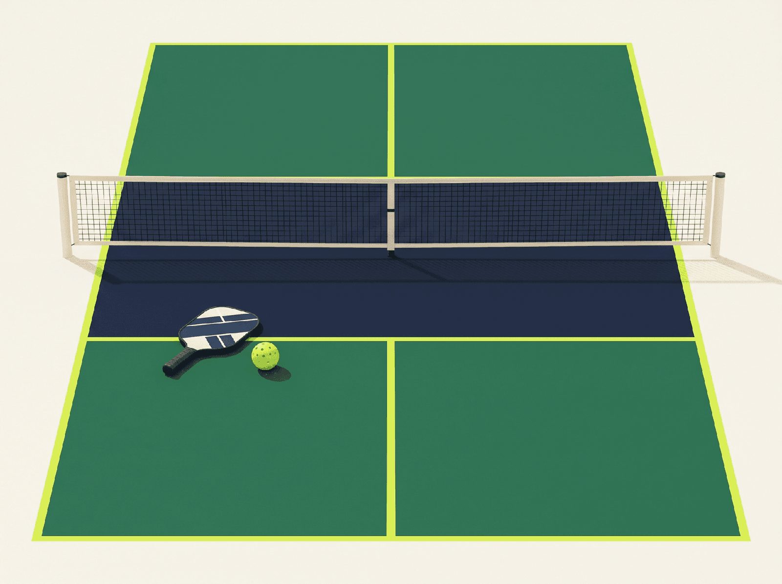 A coaching chalkboard with a hand-drawn pickleball court diagram, a yellow arrow tracing a diagonal serve, and a chalky highlight on the non-volley zone.