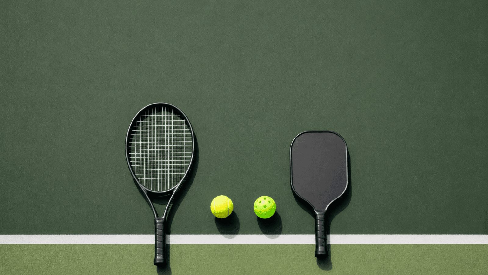Top-down museum plate of a tennis racquet and a pickleball paddle side by side on forest green felt, tennis ball and pickleball between them.
