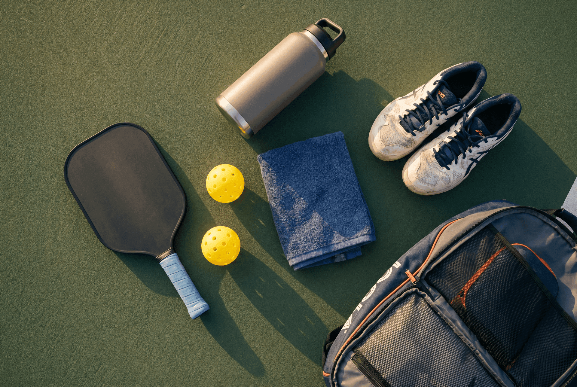 Flat-lay of a beginner's pickleball kit on a warm walnut surface, paddle, lime pickleball, court shoes, water bottle, towel, and wristband.