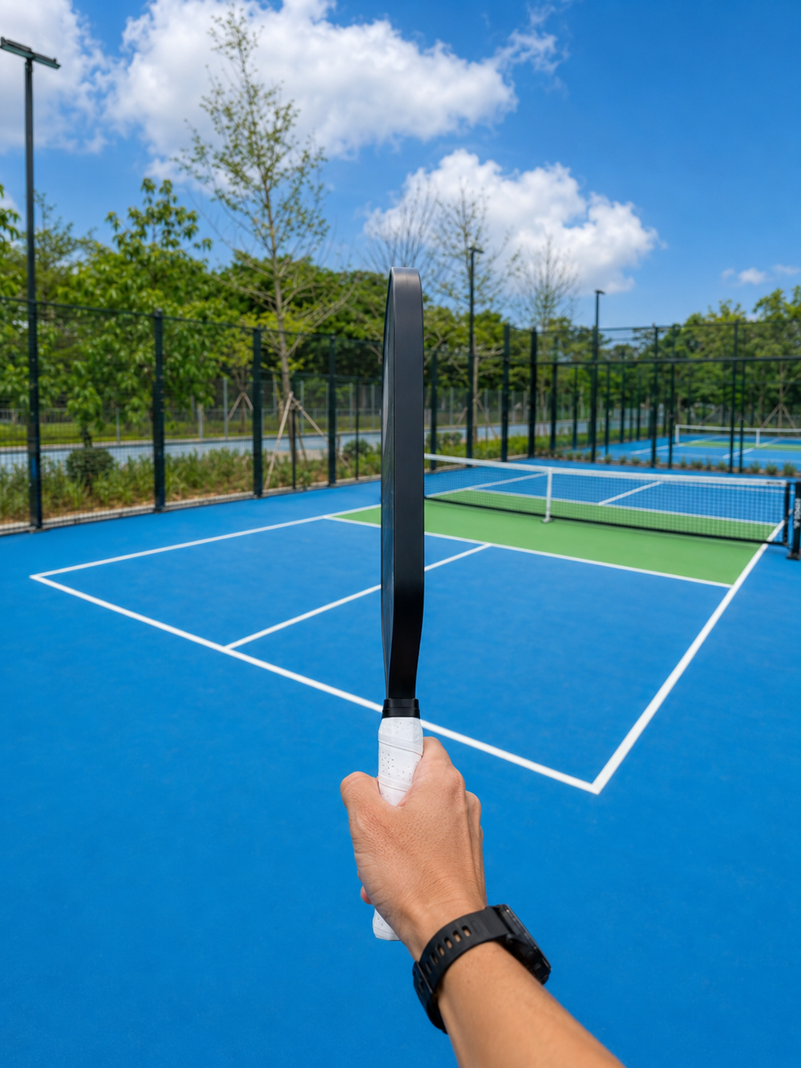 A hand holding a pickleball paddle edge-on with the Continental grip, blade pointing straight up like a hammer.